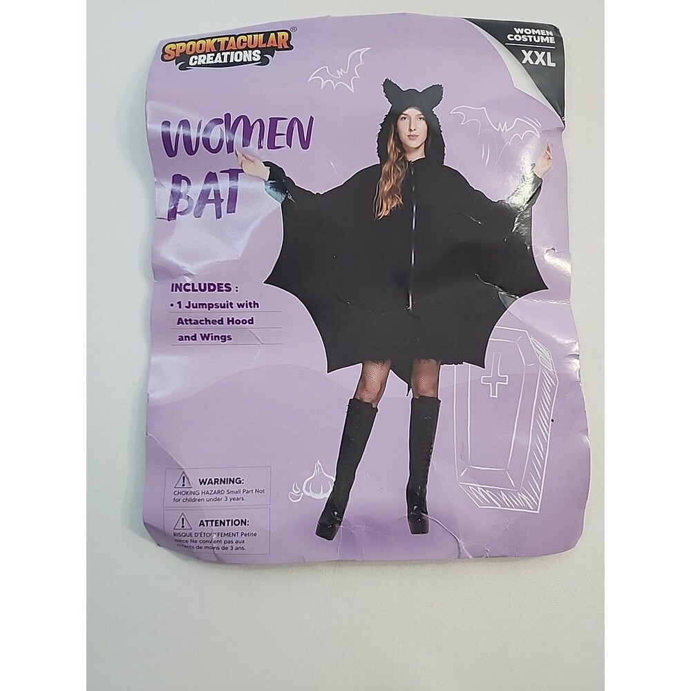 Spooktacular Creations, Women Bat, Size XL Jumpsuit with attached Hood and Wings